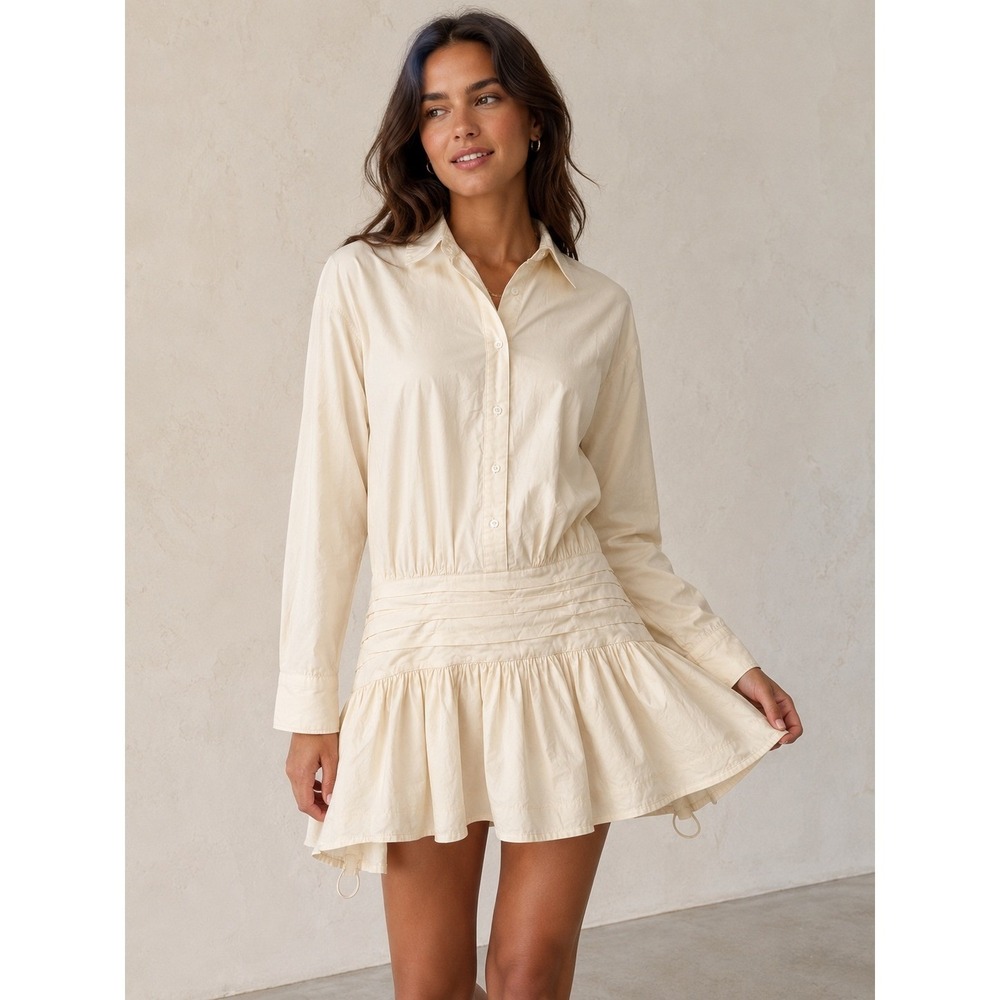 Aureum Collective Cream Drop Waist Mini Shirt Dress NWT Large Cotton Ruffle Hem